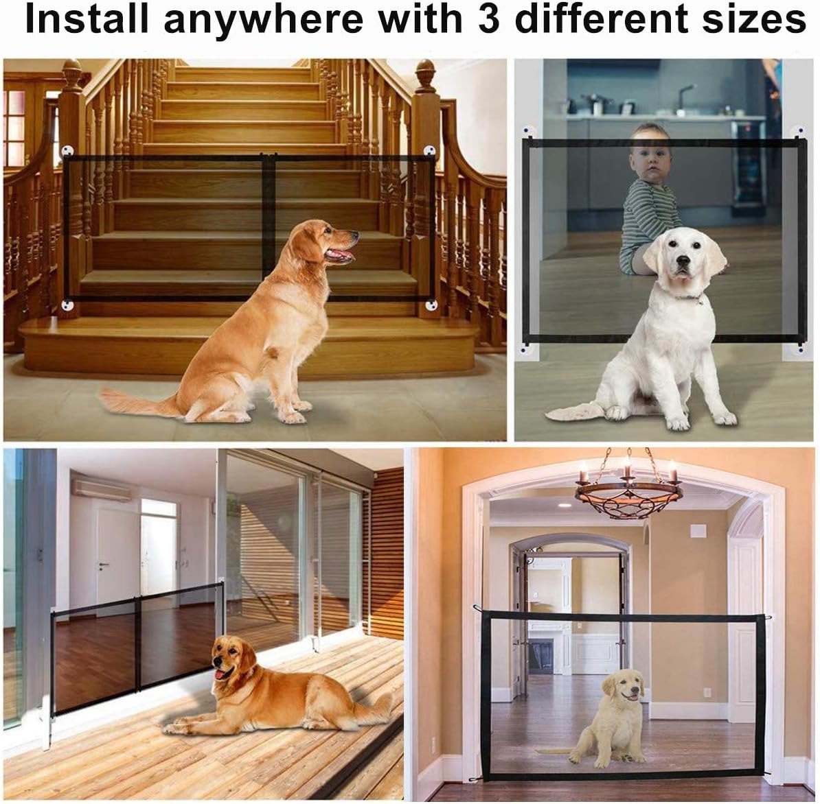 Puerta mágica ancha para perros, puerta grande retráctil para interiores y exteriores, puerta plegable extra ancha expandible de malla para mascotas