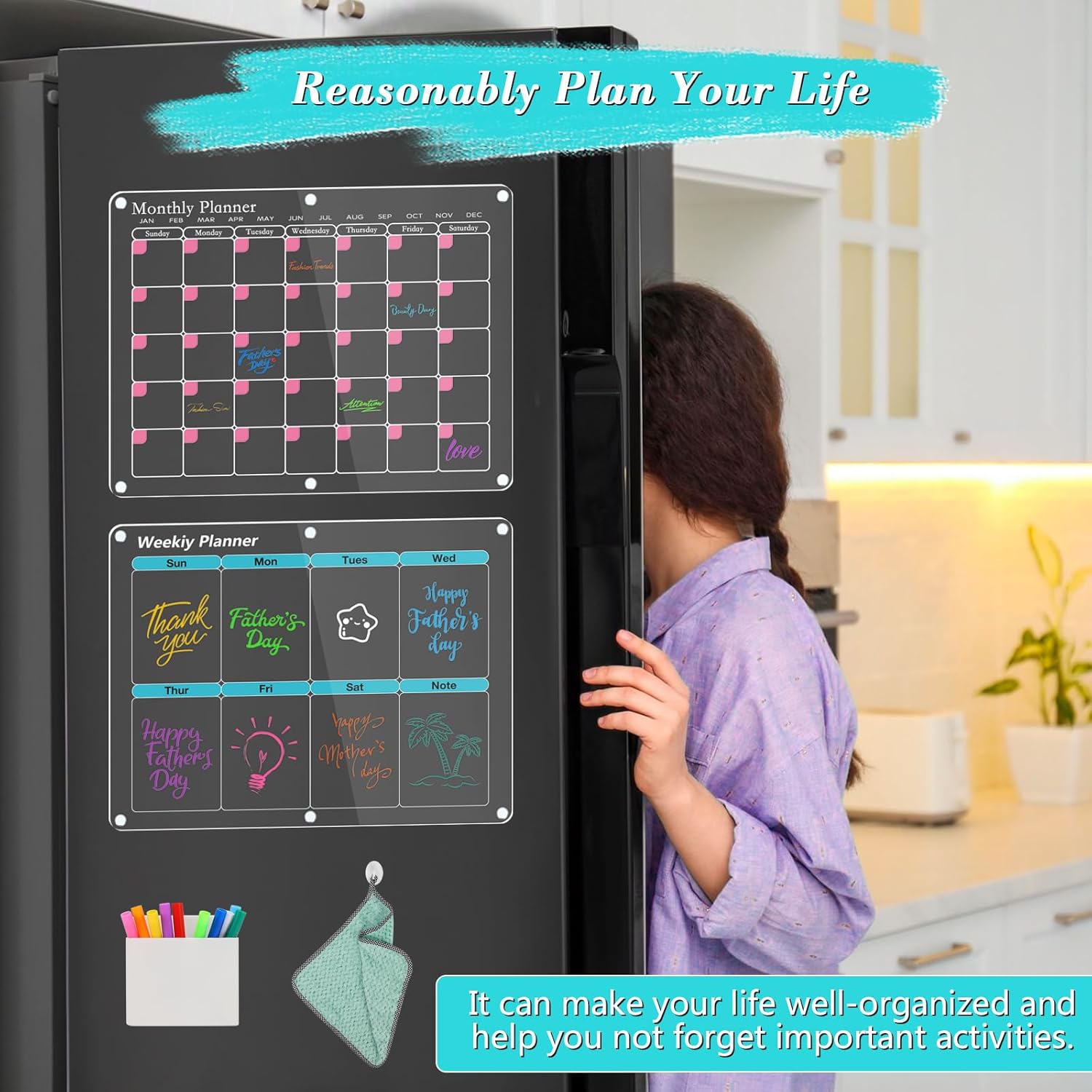 Calendario magnético para refrigerador, 2 juegos de calendarios de refrigerador con imán, calendario mensual y semanal acrílico de 16 x 12 pulgadas,