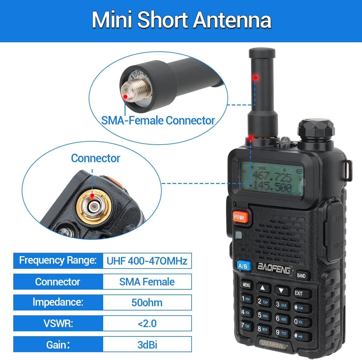 BaoFeng Mini antena corta Walkie Talkie SMA- Hembra UHF 400-470MHz Antena de largo alcance de alta ganancia para Baofeng BF-888S, UV-5R, UV-82,