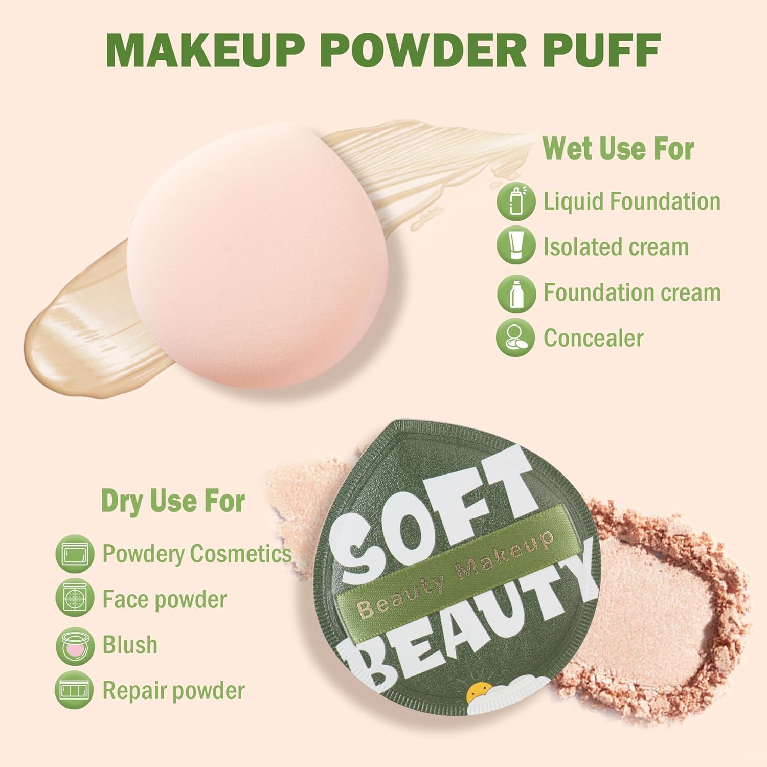Esponja de maquillaje grande, 2 unidades, esponjas de polvo súper suaves que se aplican rápidamente en 3 segundos, herramienta de maquillaje en seco
