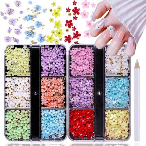XEAOHESY 2 cajas de flores 3D para uñas, dijes de uñas de flores con cuentas de caviar de metal, perlas, flores de resina, diseño de uñas, XEAOHESY 2 cajas de flores 3D para uñas, dijes de uñas de flores con cuentas de caviar de metal, perlas, flores de resina, diseño de uñas,