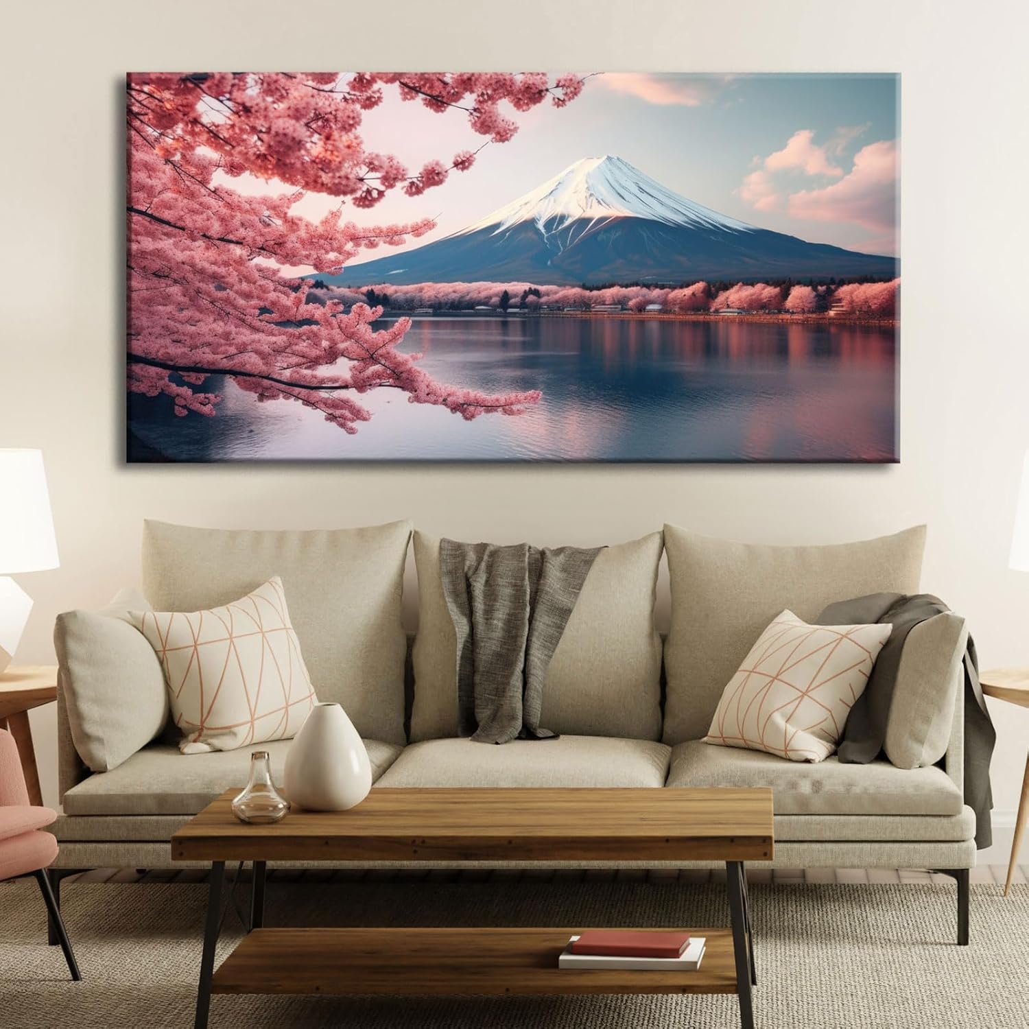 YONICA Arte de pared de montaña para decoración de sala de estar, oficina, paisaje con flores de cerezo rosa y monte Fuji impresión de imagen en