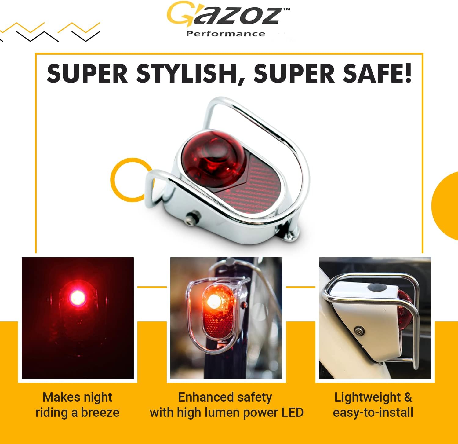 Gazoz Performance Luz trasera LED para bicicleta, luz trasera vintage con aspecto cromado, accesorios clásicos para bicicleta