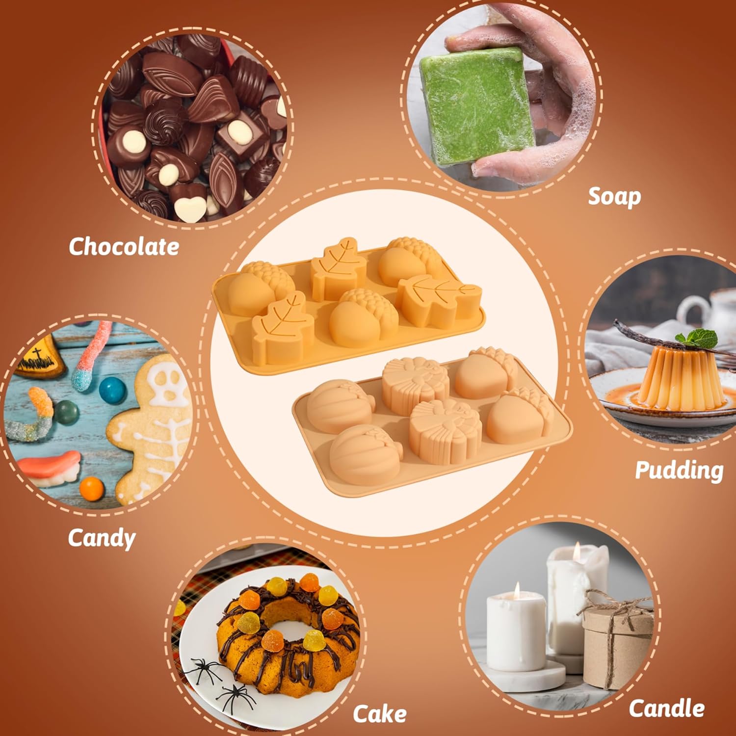 Moldes de silicona de otoño para chocolate, hojas de arce, 2 moldes de silicona de calabaza, bellotas y calabazas, moldes 3D de caramelo de