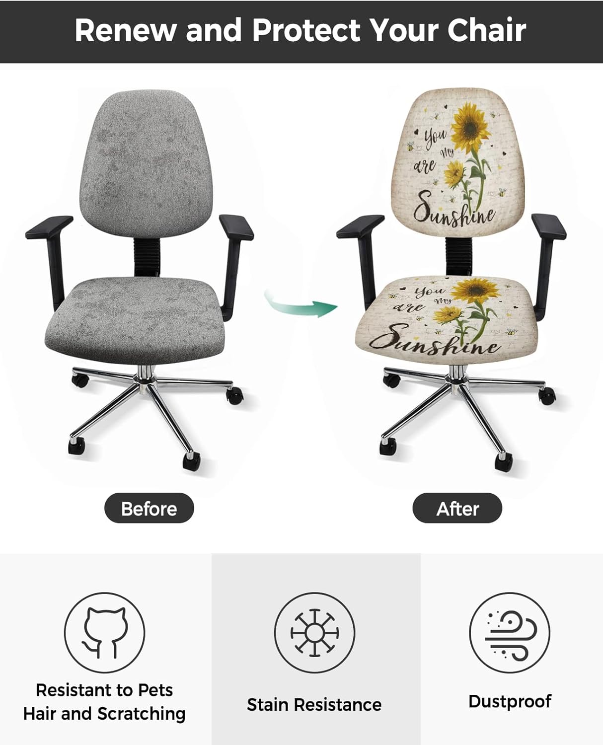 Funda para silla de oficina de computadora, diseño de girasoles y abejas, con texto en inglés “Sunshine Quotes”, funda protectora elástica para
