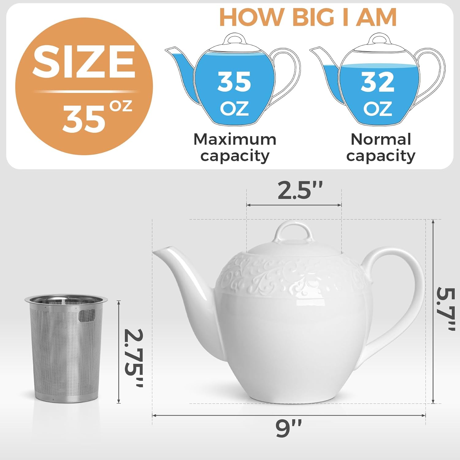 ComSaf Tetera de porcelana con infusor extraíble y tapa de 33.8 fl oz (4-5 tazas), tetera grande con infusor de malla fina de acero inoxidable,