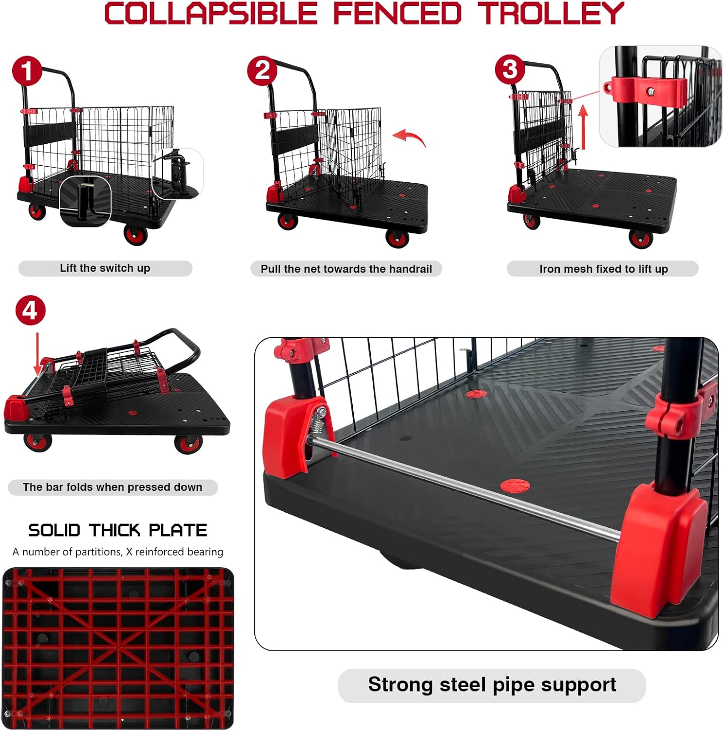 Carrito de plataforma con jaula, carrito plegable de empuje de 440 libras de capacidad con ruedas giratorias de 360 grados TPR de 5 pulgadas,