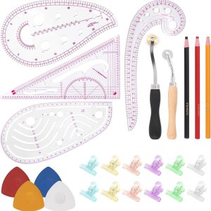 Swpeet Kit de regla de costura métrica transparente de 33 piezas con triangular, curva, regla de coma, clips de plástico de varios colores, tiza Swpeet Kit de regla de costura métrica transparente de 33 piezas con triangular, curva, regla de coma, clips de plástico de varios colores, tiza