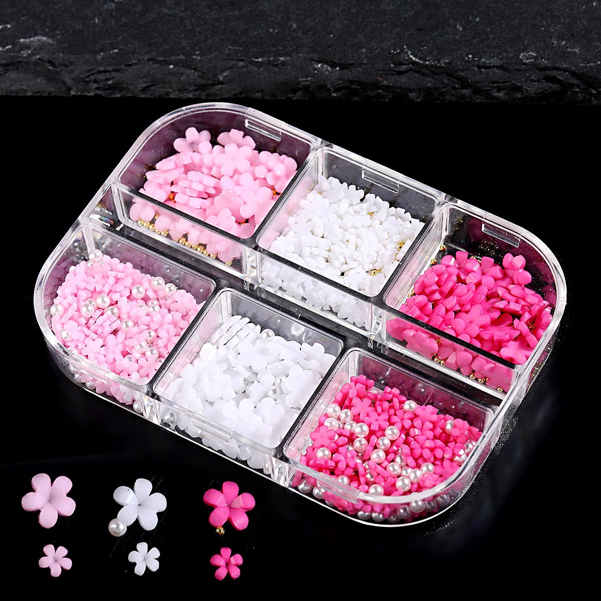 Dijes de uñas de flores 3D, flor acrílica 3D, pétalo de flor blanca y rosa con perlas de perlas, aleación de metal dorado y plata con diamantes de