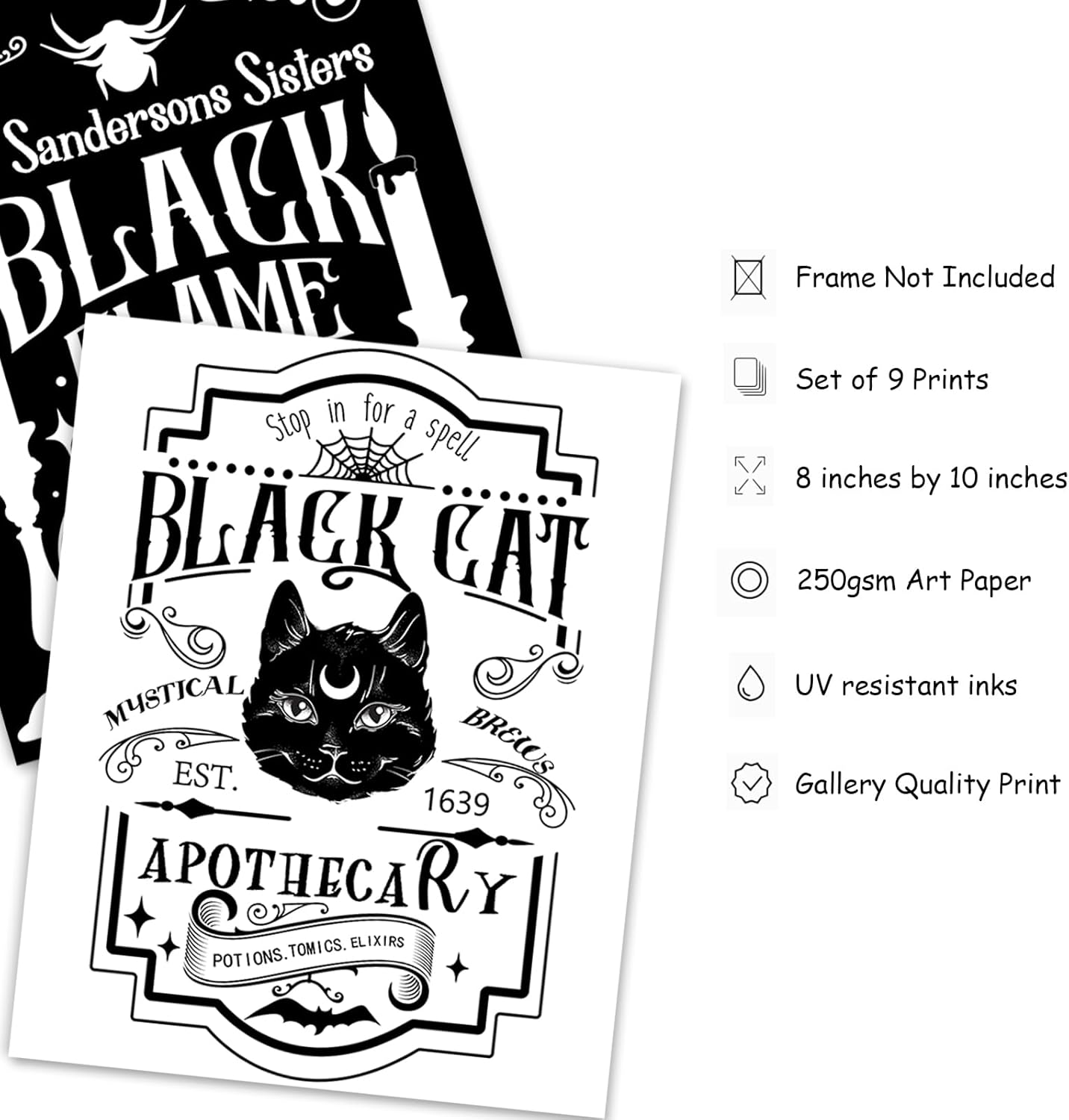 AnyDesign – 9 piezas de arte de pared de bruja de Halloween, diseño de esqueleto de gato blanco y negro, diseño de arte de palabra, decoración de