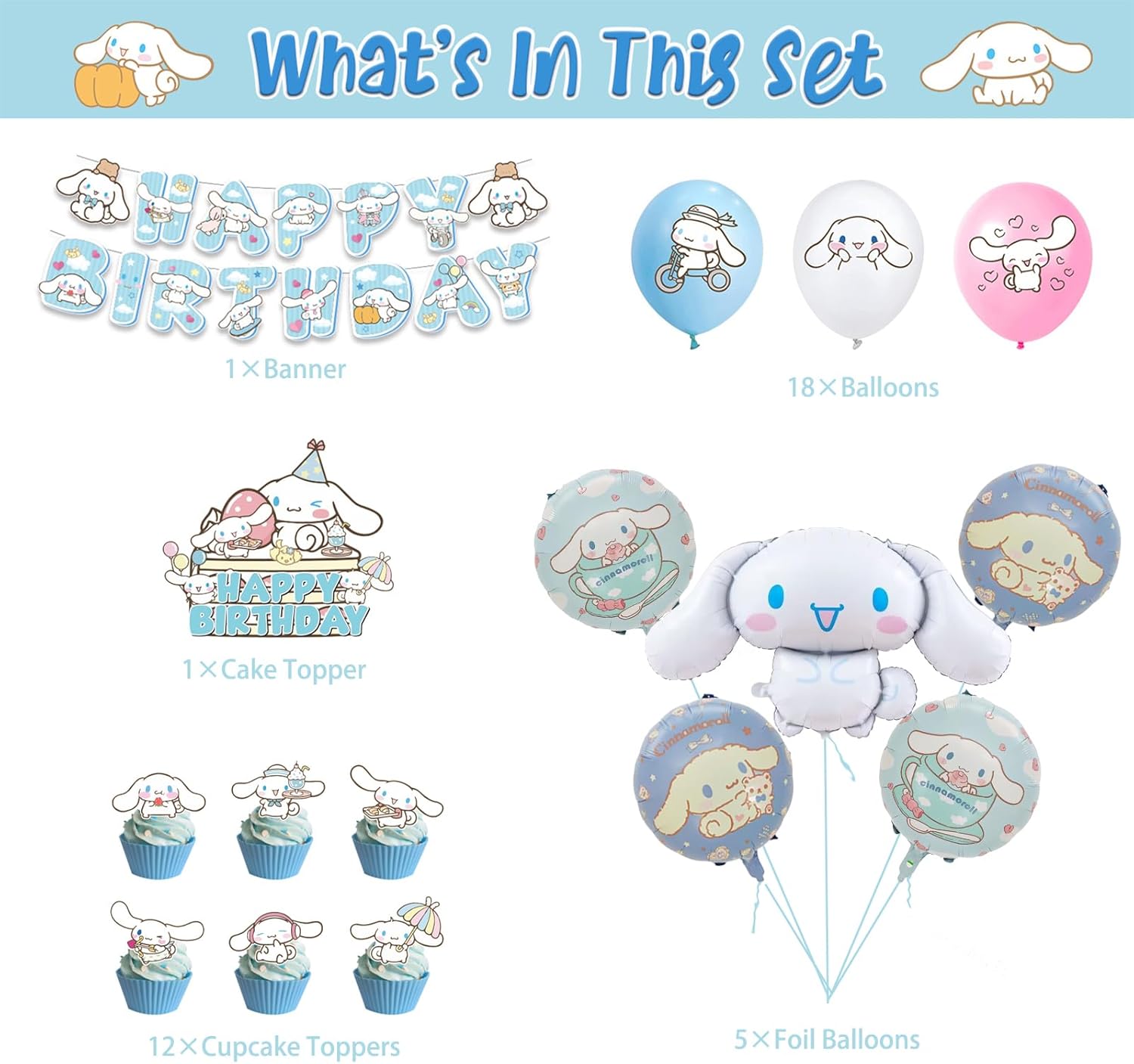 Decoraciones de cumpleaños kawaii  Juego de 37, decoraciones de fiesta Kawaii, suministros de fiesta Kawaii incluyen lindo adorno de dibujos
