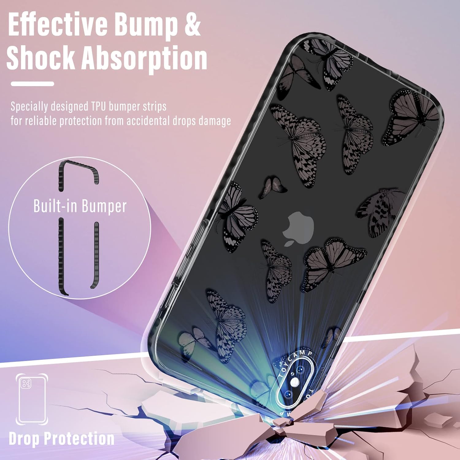 Toycamp Funda para iPhone Xs MAX con soporte de anillo, diseño de mariposas negras, funda de dibujos animados para mujeres, niñas, niños,