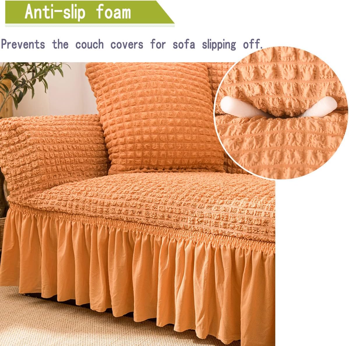 Funda elástica para sofá, lavable, protector de muebles con parte inferior elástica y falda para niños y mascotas (naranja, mediano)