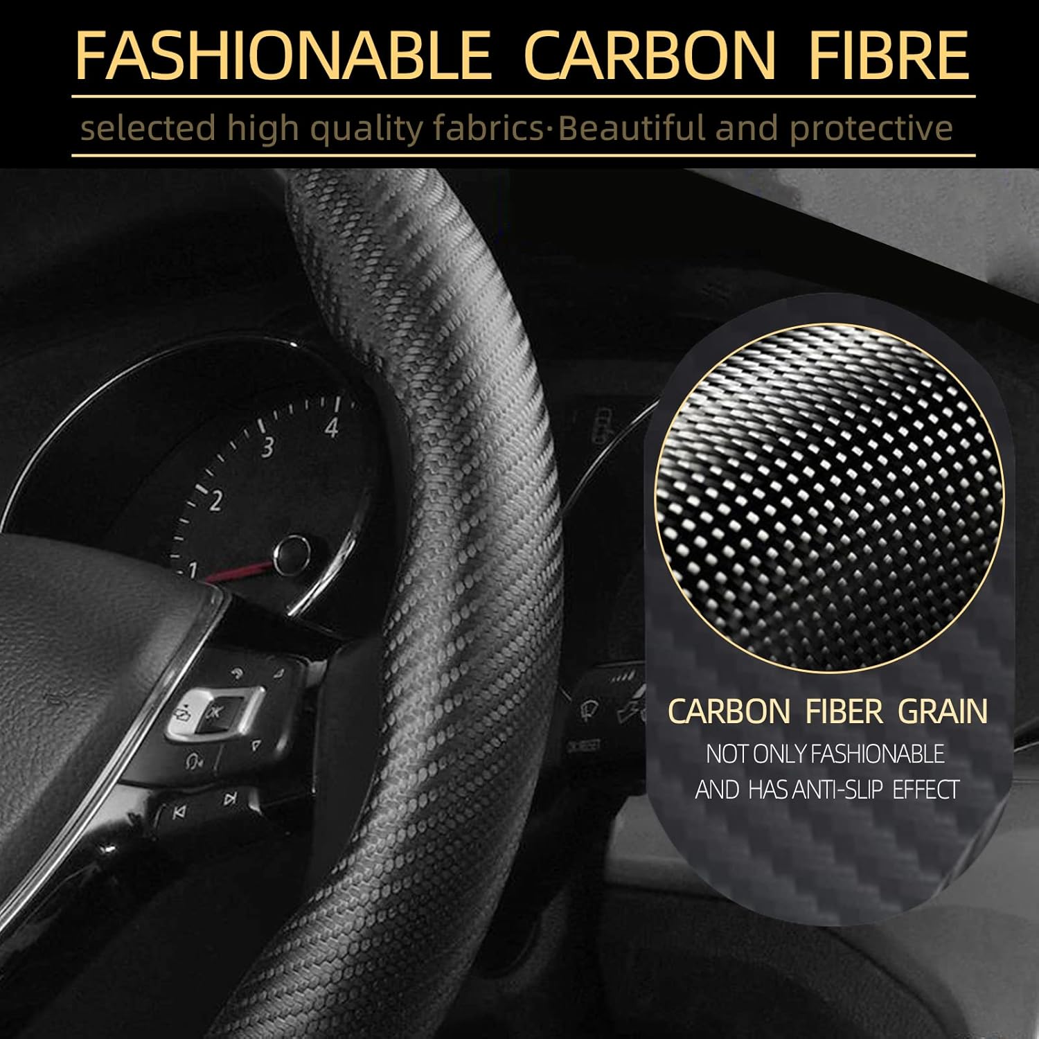 Funda para volante de fibra de carbono, protector segmentado seguro y antideslizante, accesorio duradero y fácil de instalar para volantes de ajuste