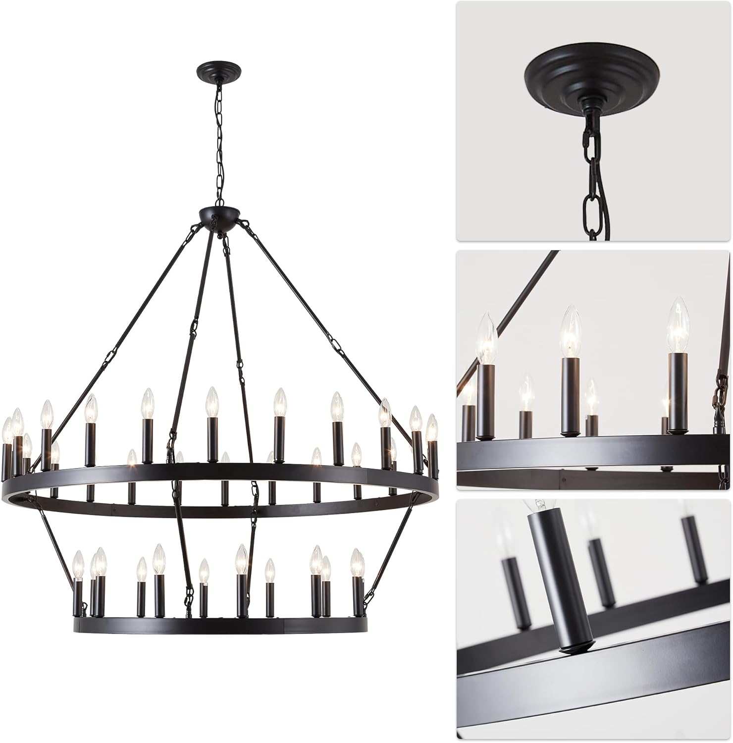 XILICON Candelabro negro con rueda de carro, lámpara de 2 niveles y 36 luces de granja, lámpara colgante de techo para cocina, comedor, entrada