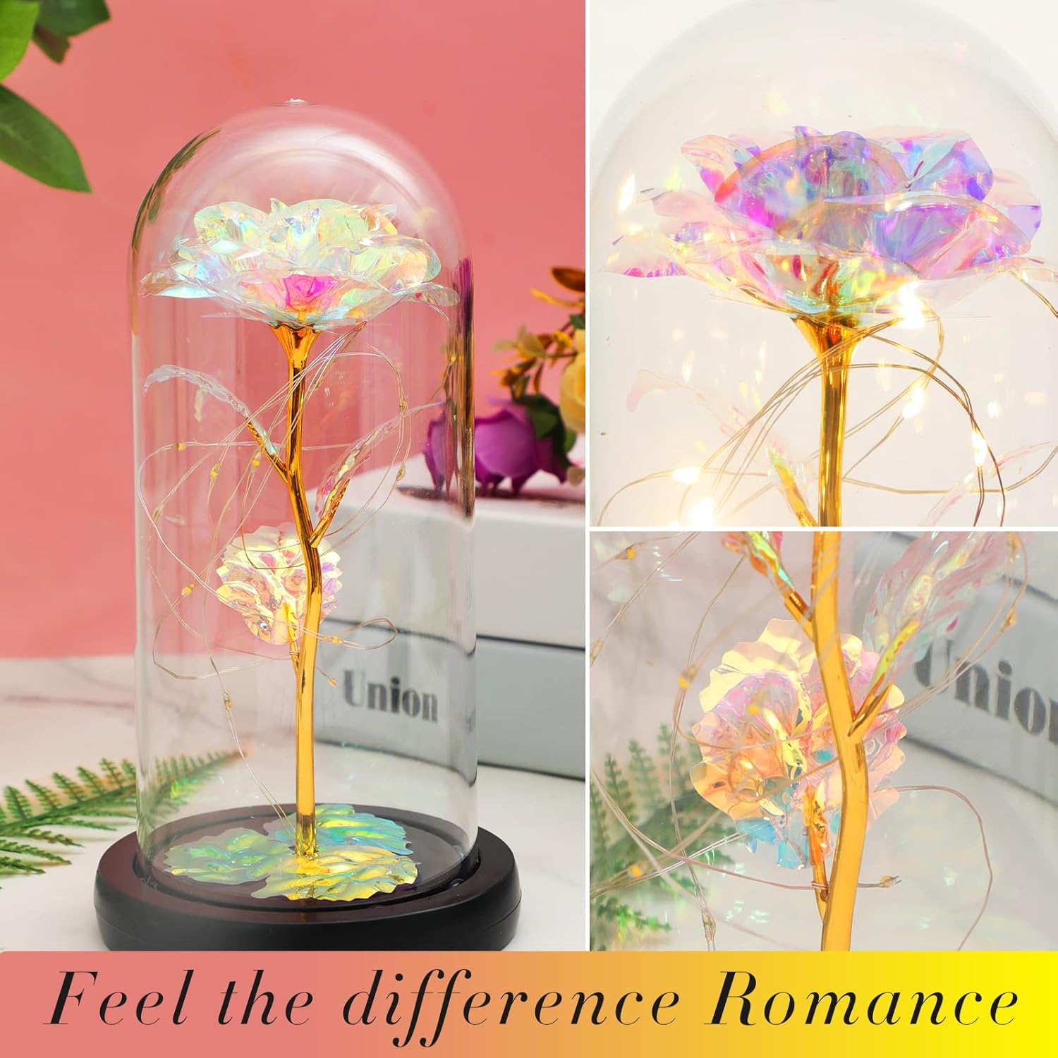Regalos de rosas iluminadas para mujeres, regalos de rosas de cristal para mamá, novia, esposa, amiga, amante, boda, rosa transparente iluminada en