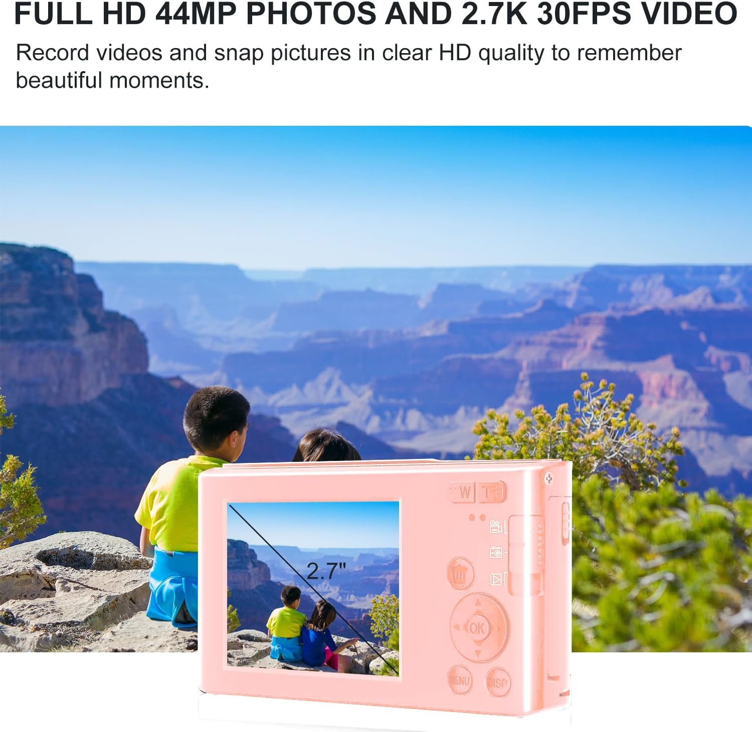 Acuvar Cámara digital compacta de apuntar y disparar de 44 MP, zoom digital de 16X, pantalla de 2.4 pulgadas y tarjeta SD de 32 GB, lector de
