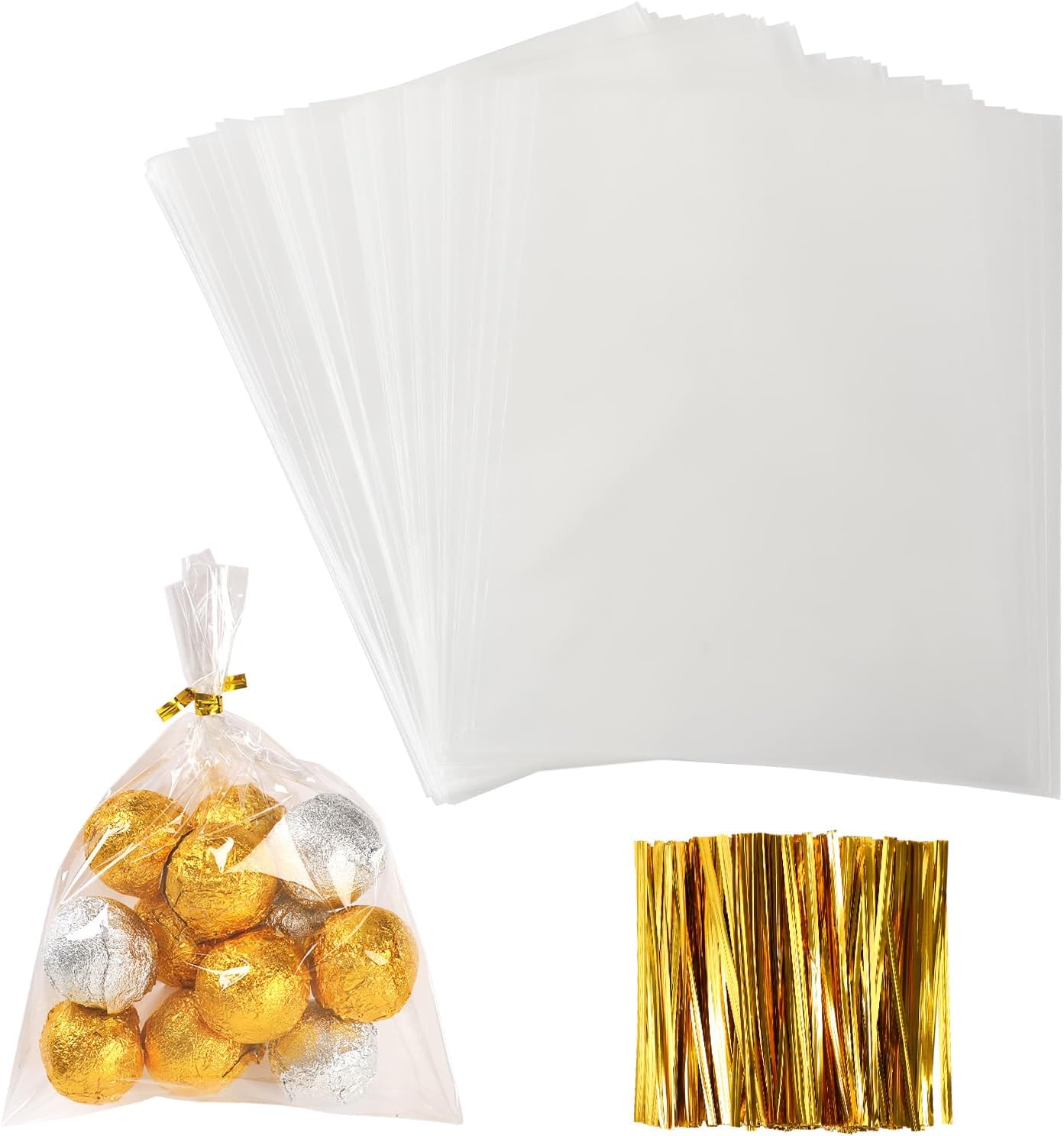Augshy Bolsas de celofán, 300 bolsas de violonchelo de 5 x 7 pulgadas para piruleta con 320 lazos giratorios, bolsas de plástico OPP de 1.4 mils de