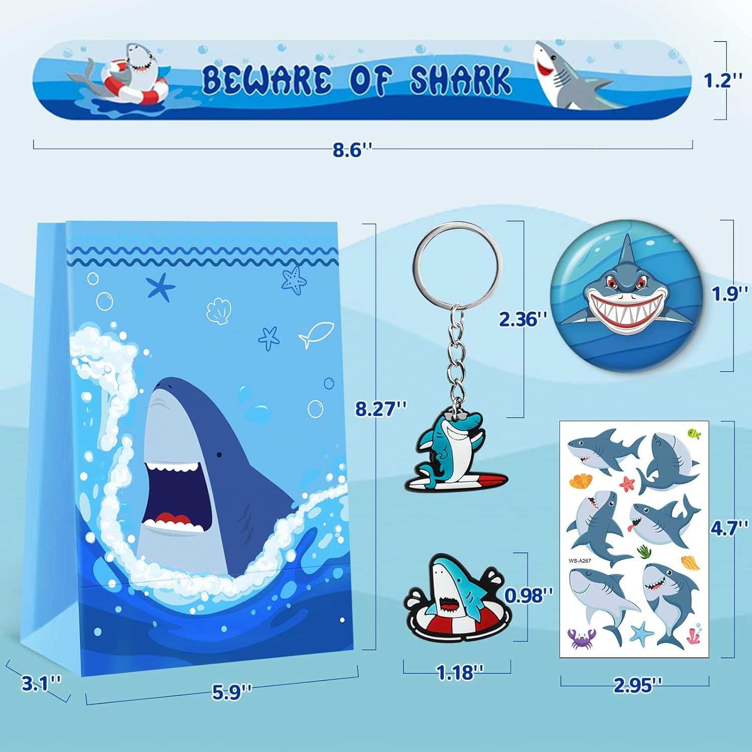 Shark Party Favors, Shark Birthday Party Supplies Serve 12, Include Slap Bracelets, Non-Duplicate Button Pins, Key Chains, Shoe Charms, Temporary