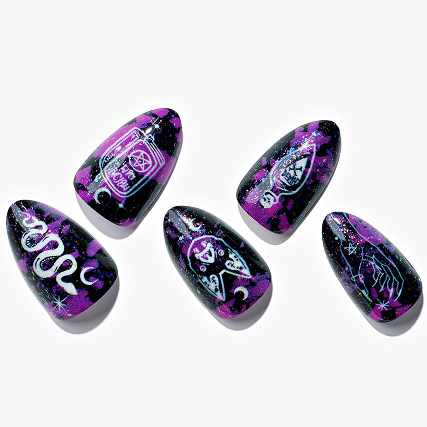 GLAMERMAID – Uñas postizas cortas a presión, color almendra, gótico, morado, pociones, gato, pegamento en uñas de gel, 30 piezas de uñas postizas