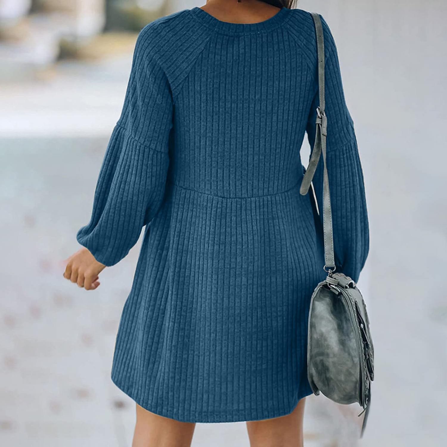 Women’s Long Sleeve Crewneck Dresses Solid Color Ribbed Casual Knit Sweater Dress Winter Loose Swing Midi Dress