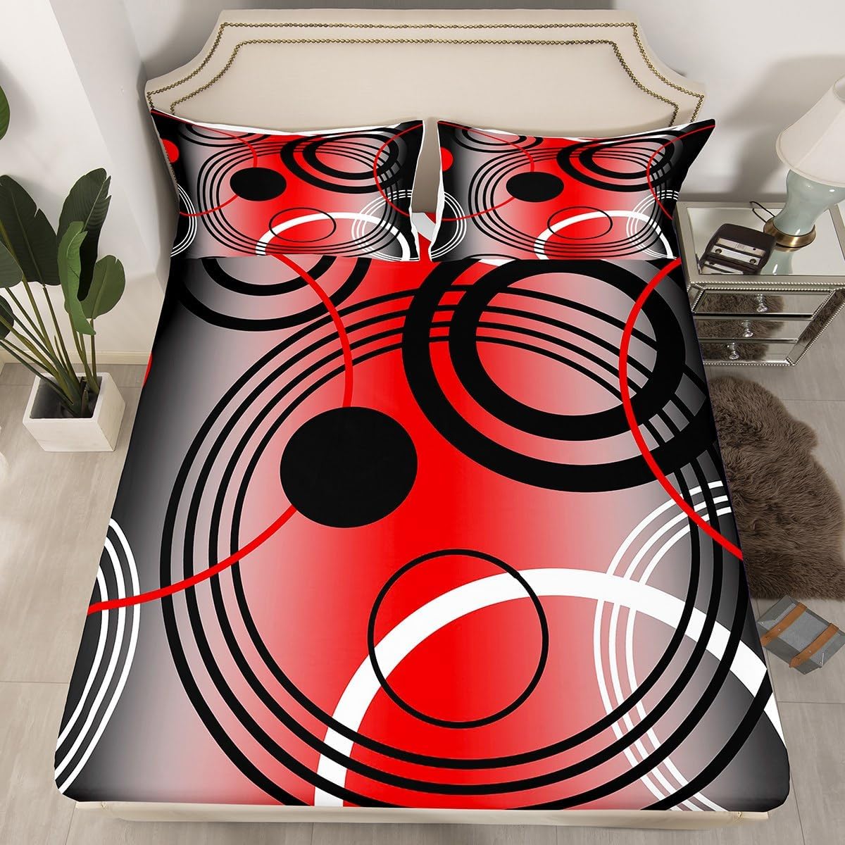 jejeloiu Juego de sábanas rojas y negras tamaño Queen con círculos geométricos para niños y niñas, decoración geométrica con sábana bajera ajustable