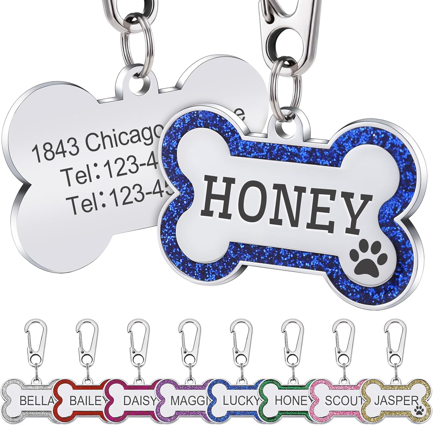 Etiquetas de identificación para mascotas, etiquetas personalizadas para perros con diseño de hueso brillante, collar grabado en ambos lados,