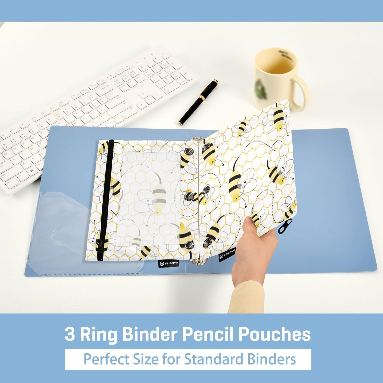 Bolsas para carpetas, lindo diseño de abeja amarilla de dibujos animados para 3 anillas de panales, paquete de 2 bolsas para lápices con ventana