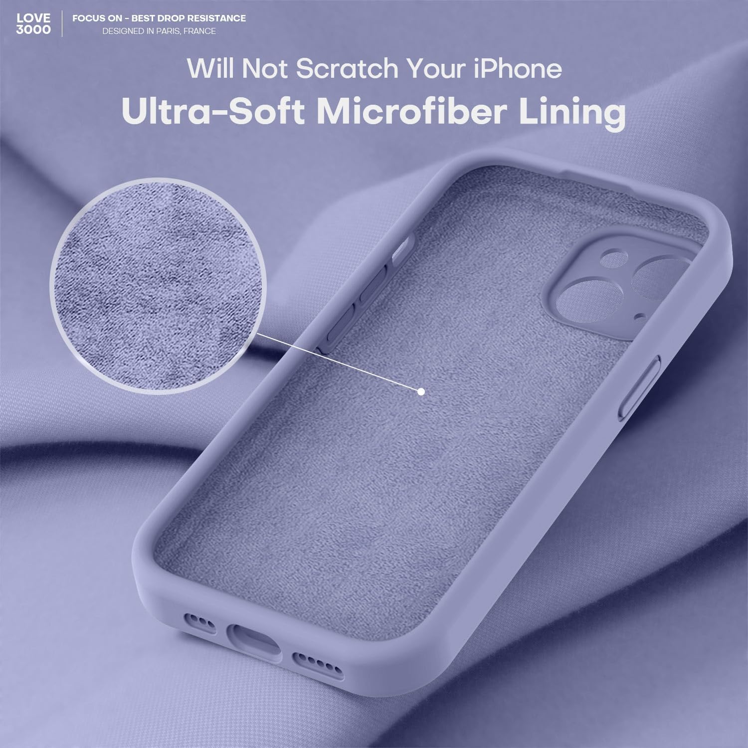 LOVE 3000 Compatible con iPhone 15, cámara de cobertura completa de silicona suave, protección contra caídas de 8 pies, forro de microfibra suave,