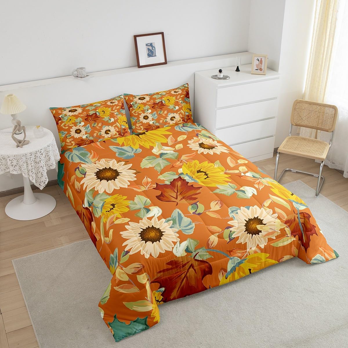 Erosebridal Juego de ropa de cama de otoño, tamaño Queen, color beige, girasol, amarillo, verde, marrón, naranja, juego de edredón de flores de