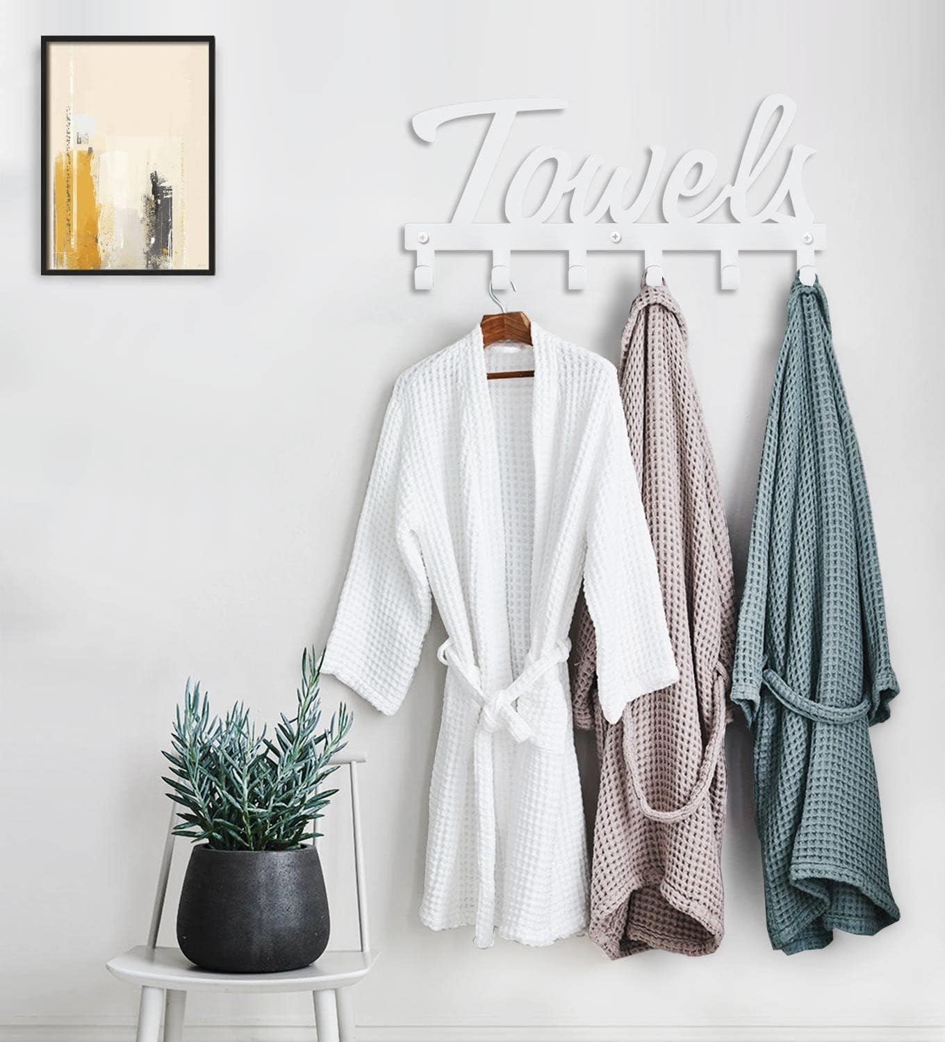 Livelab Toallero, toallero para baño montado en la pared, 6 ganchos blanco para ahorrar espacio en el baño, impermeable, resistente al óxido, fácil