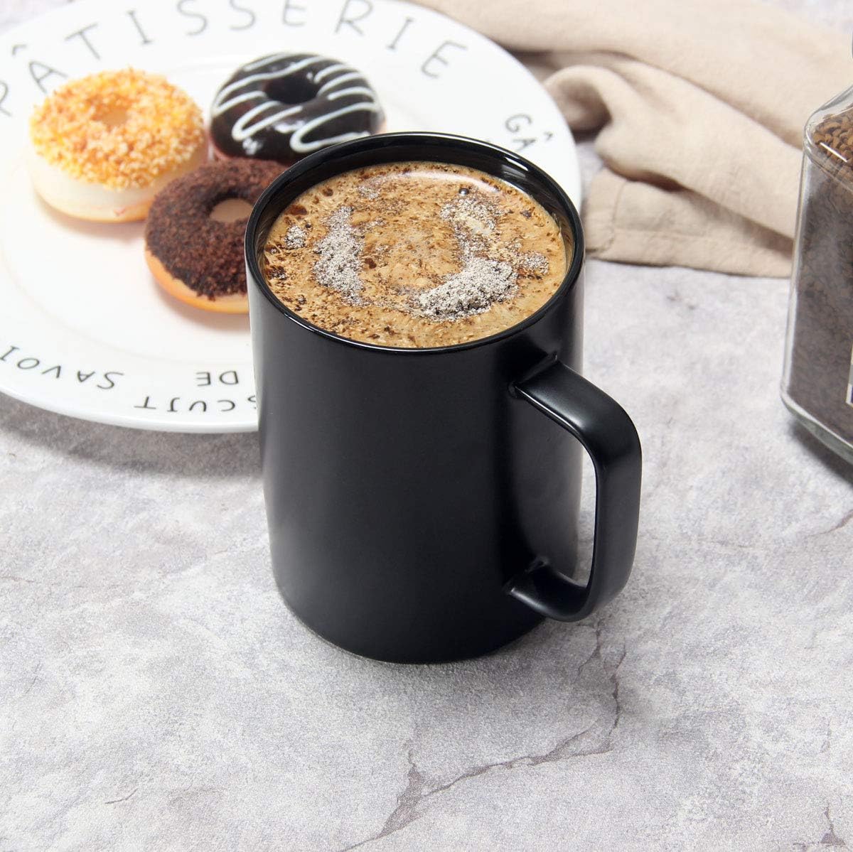 M052 – Taza de café con textura mate de 14 onzas, taza de cerámica novedosa para café con leche y capuchino, cacao caliente, color negro