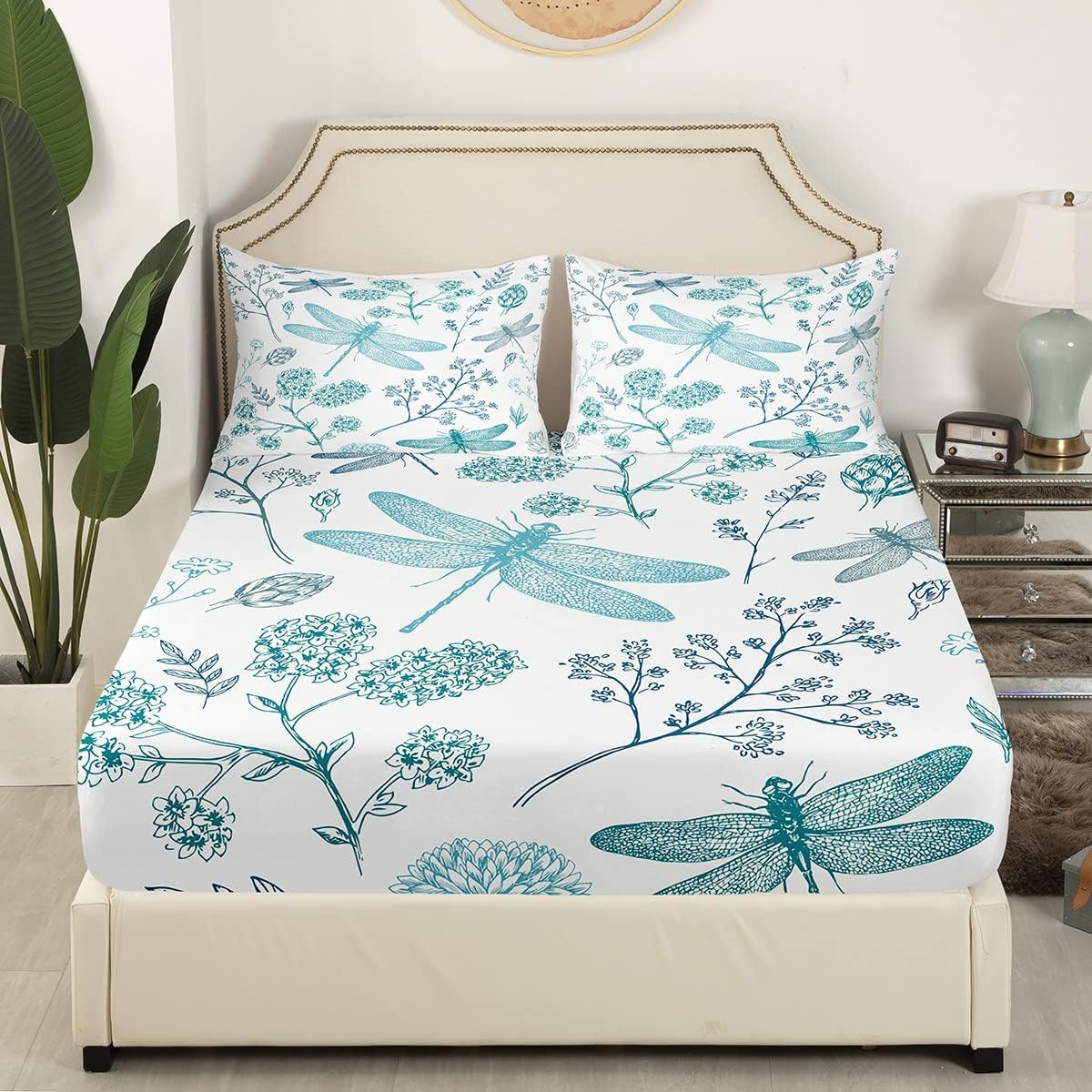 Erosebridal Juego de ropa de cama de libélula tamaño matrimonial, juego de sábanas de hortensias verde azulado con libélula, regalos para mujeres,