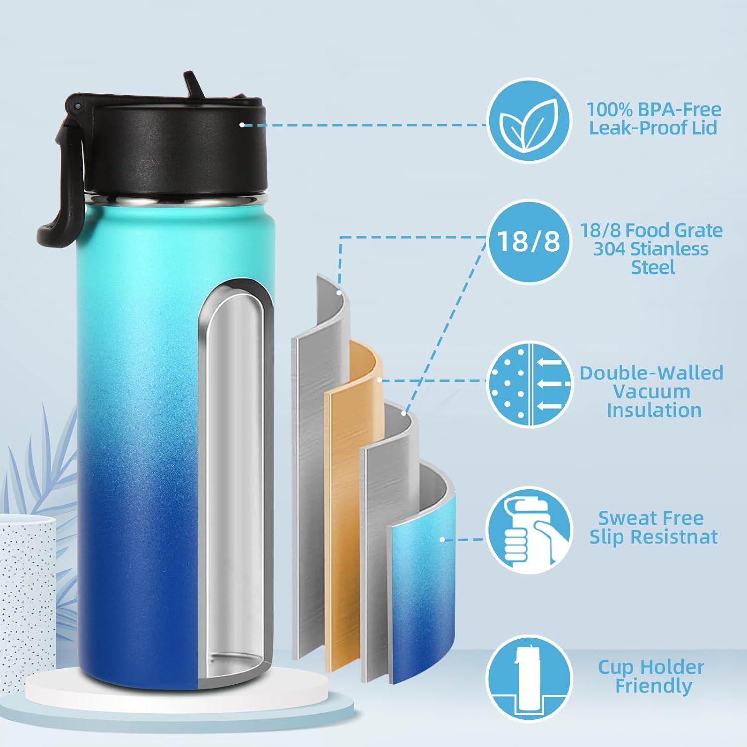 Volhoply Botella de agua aislada para niños con popote, botellas de agua fría de acero inoxidable de 16 onzas para la escuela, vasos de boca ancha