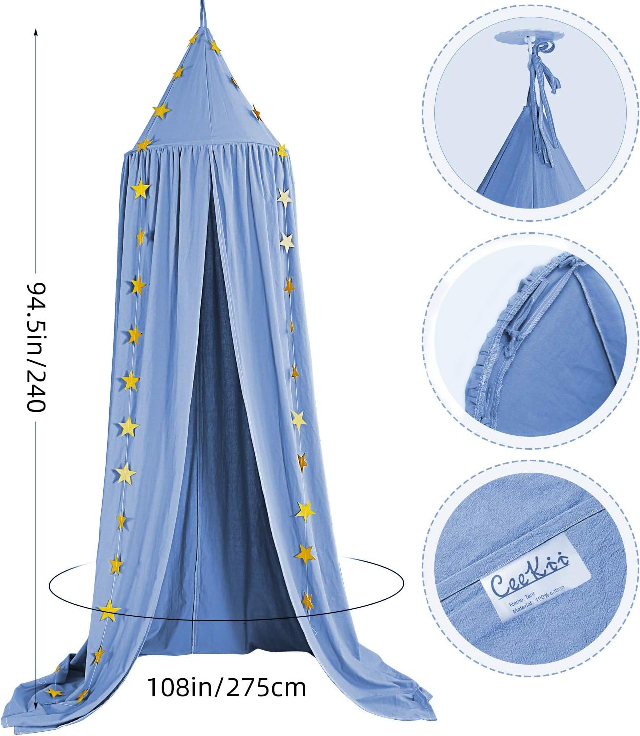 CeeKii Toldo para cama de niñas, gancho redondo de algodón con diseño de princesa, mosquitera para dormitorio de niños, tienda de campaña de