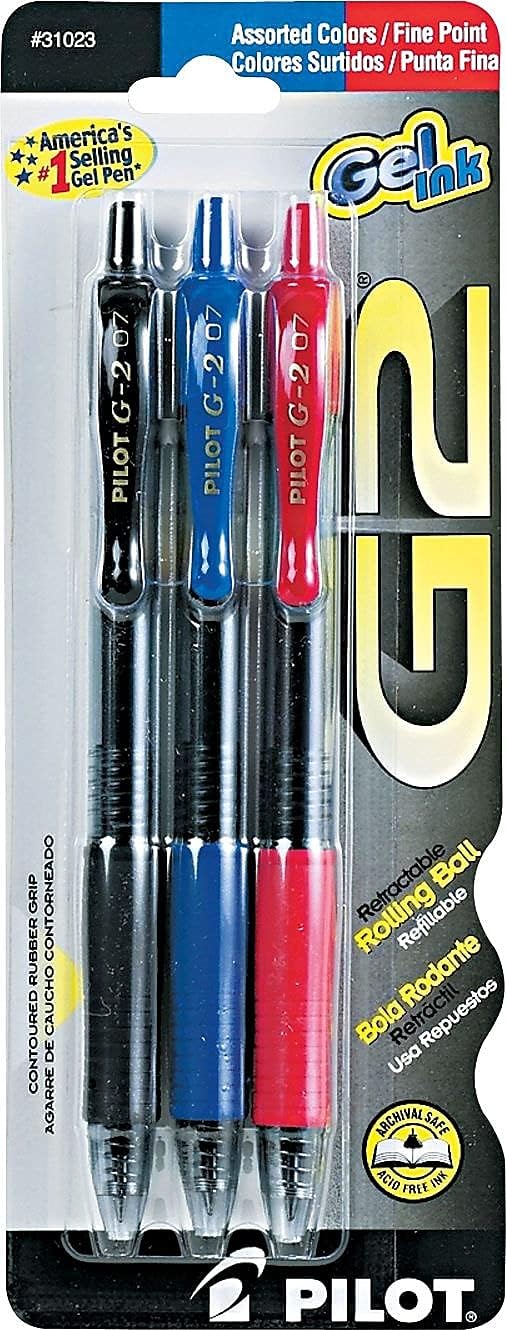 Pilot 31023 G2 Premium Bolígrafo retráctil de tinta de gel, recargable, tinta surtida, 0.028 in, paquete de 3