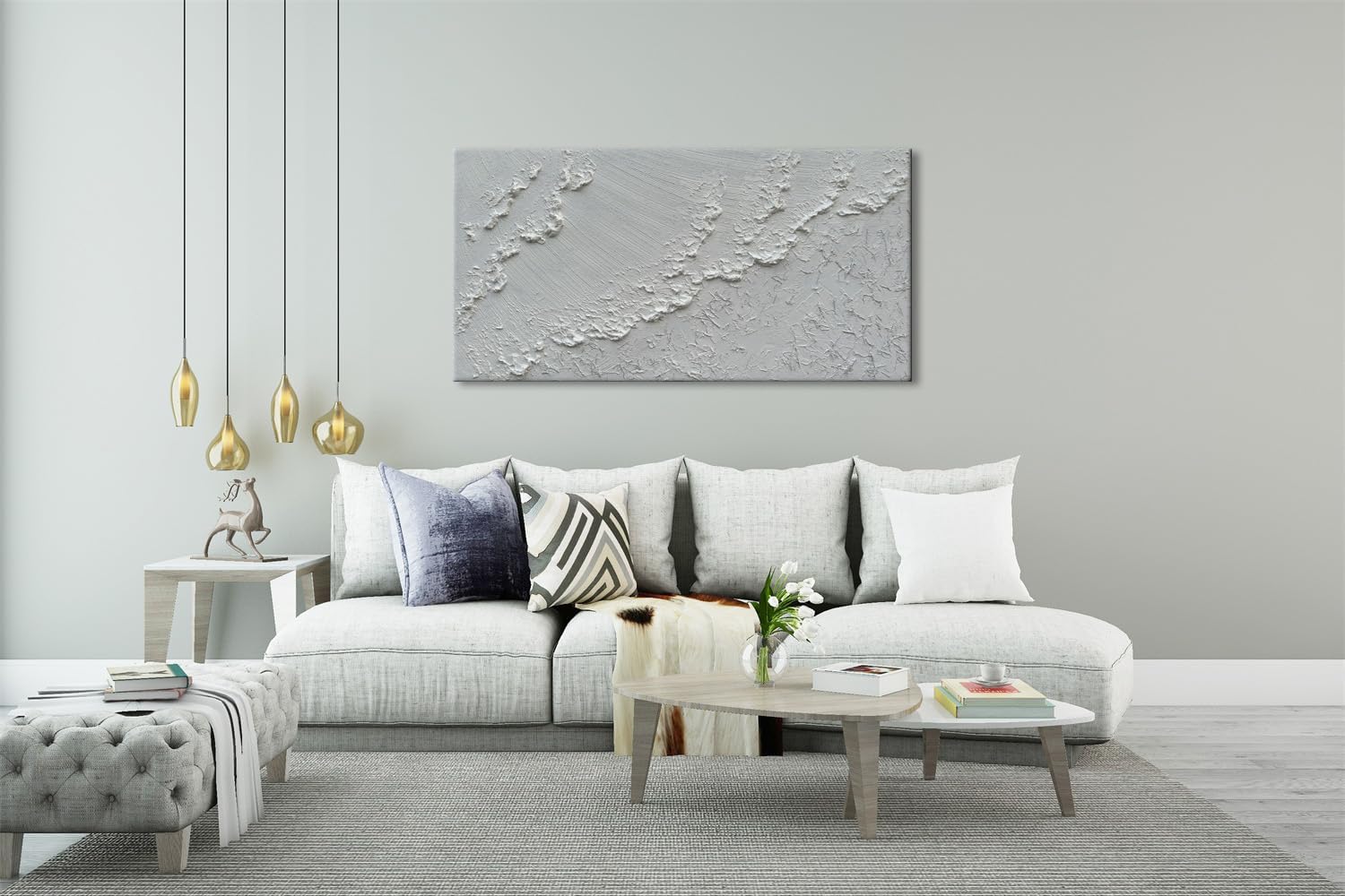 Slyart Pintura blanca 3D para pared, pintura abstracta de olas de mar, 24 x 48 pulgadas, pintura decorativa texturizada de arena de cuarzo sobre