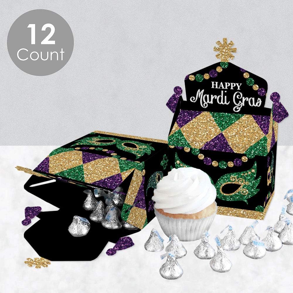 Big Dot of Happiness Mardi Gras  Caja de golosinas para fiestas  Cajas de regalo para fiesta de máscaras, cajas de golosinas  Juego de 12