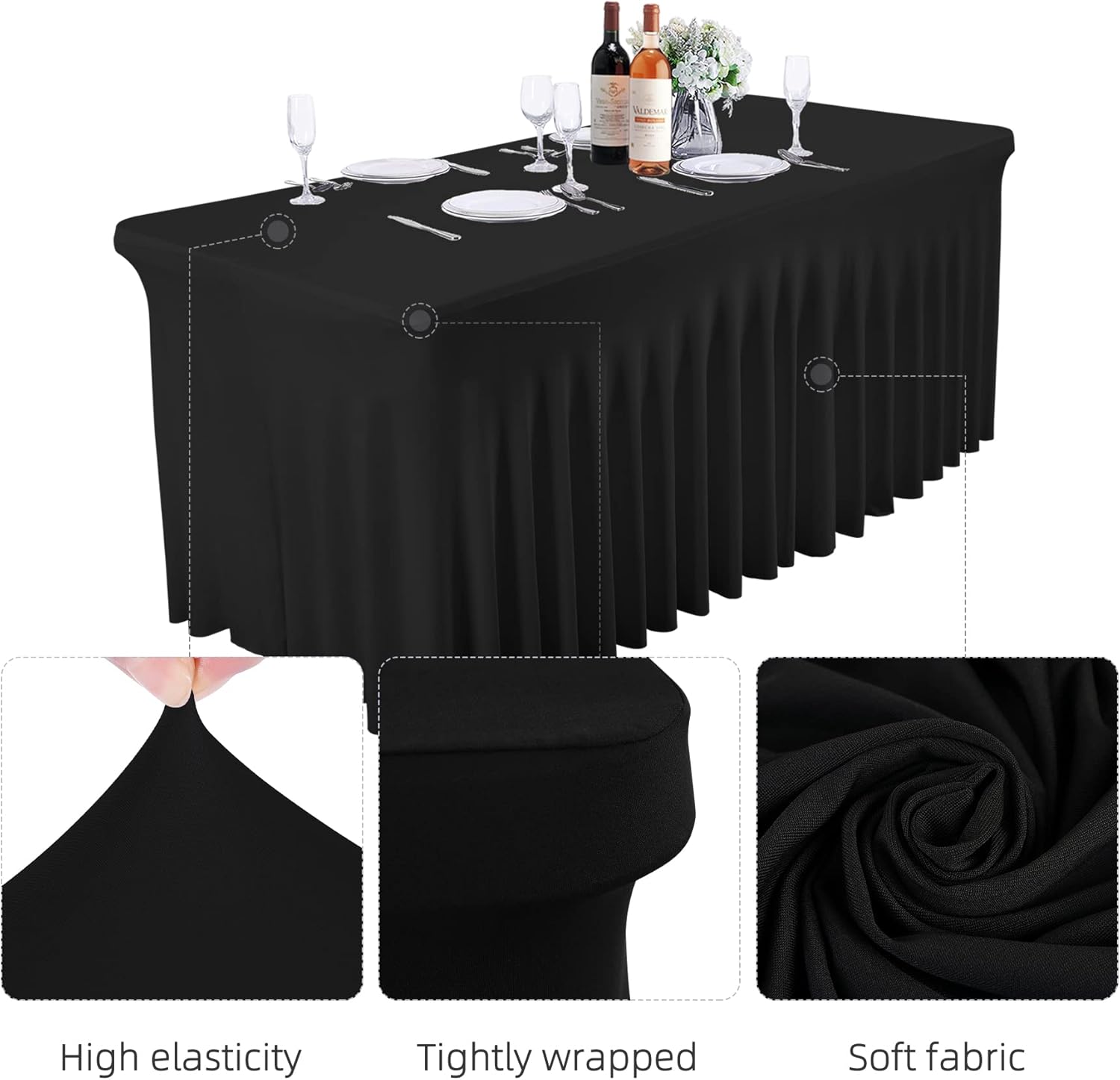 Partisky Faldas de mesa negras para mesas rectangulares, fundas de mesa de elastano de 4 pies, manteles rectangulares de 4 pies, color negro,