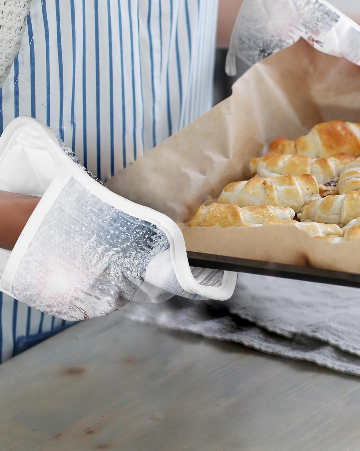 Juego de 3 agarraderas de tela de toalla con bolsillo para cocina, antideslizante y aislante de calor, guantes de horno gruesos para hornear,