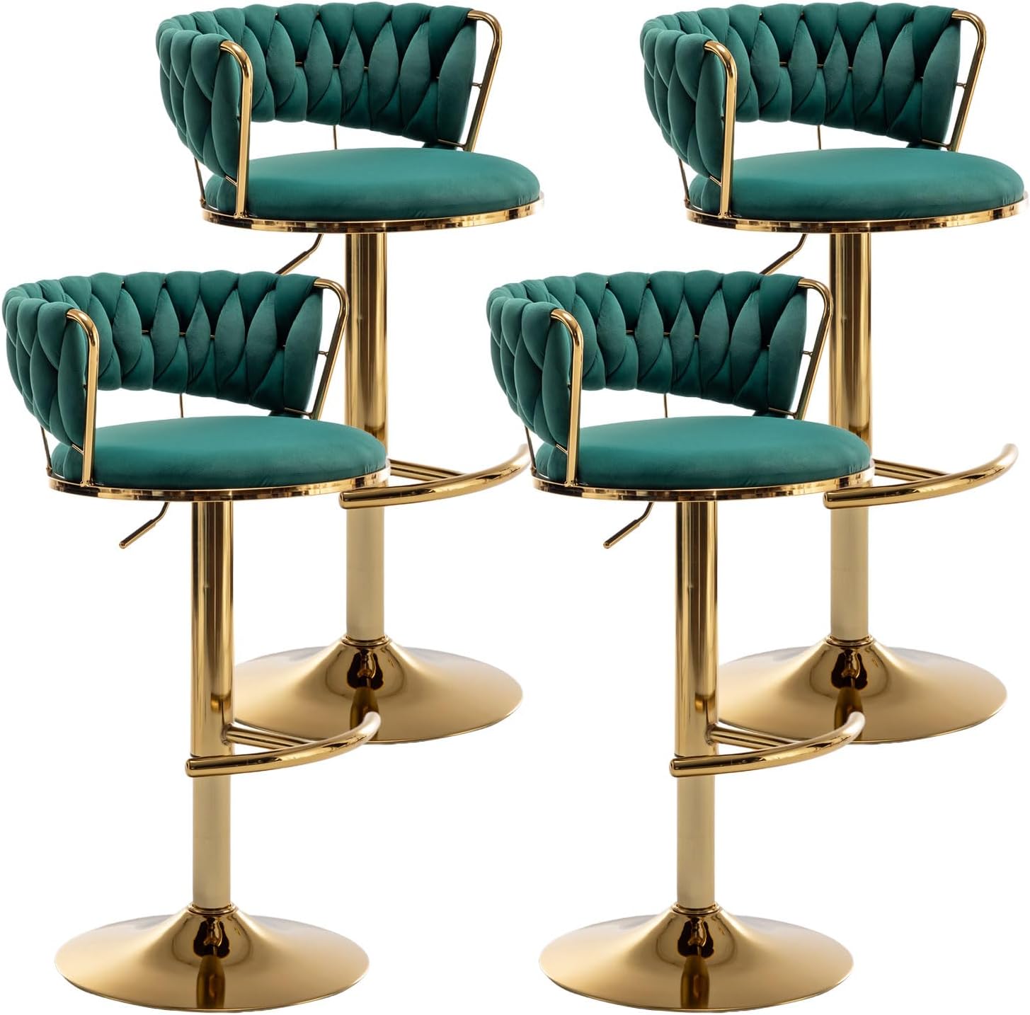 Riknuxi Juego de 4 taburetes de bar de terciopelo dorado, sillas de bar de altura de mostrador con respaldo bajo, taburete de bar giratorio para