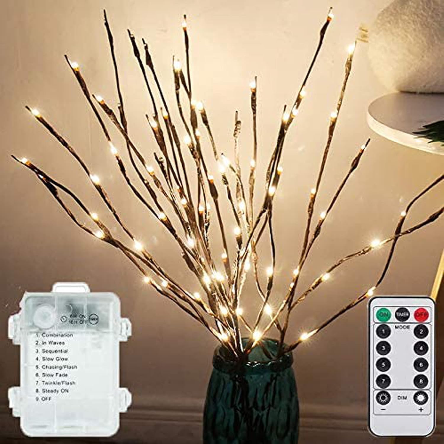 Lxcom Lighting Luces LED de rama, paquete de 3 unidades, 20 luces LED decorativas, funciona con pilas, con temporizador, ramas iluminadas, ramas