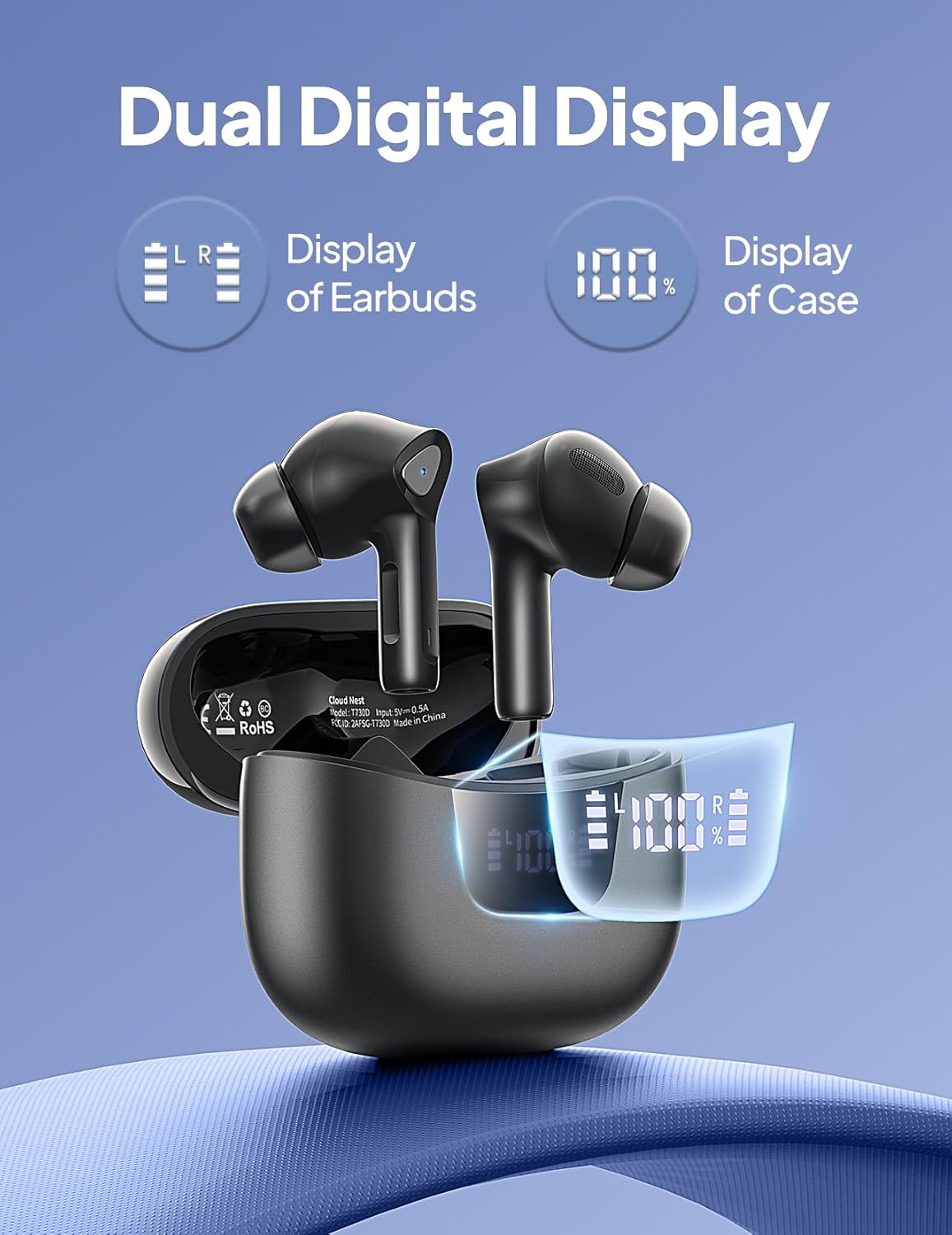 Auriculares inalámbricos Bluetooth V5.3, reproducción de 50 horas, graves profundos, estéreo con pantalla de alimentación LED, estuche de carga
