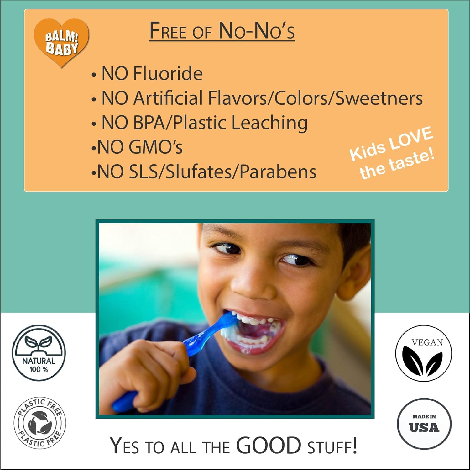 BALM! Baby Pasta dental natural sin flúor para niños con xilitol, sin SLS, vegana, sin gluten, sin BPA, cero residuos, menta, 2 onzas líquidas