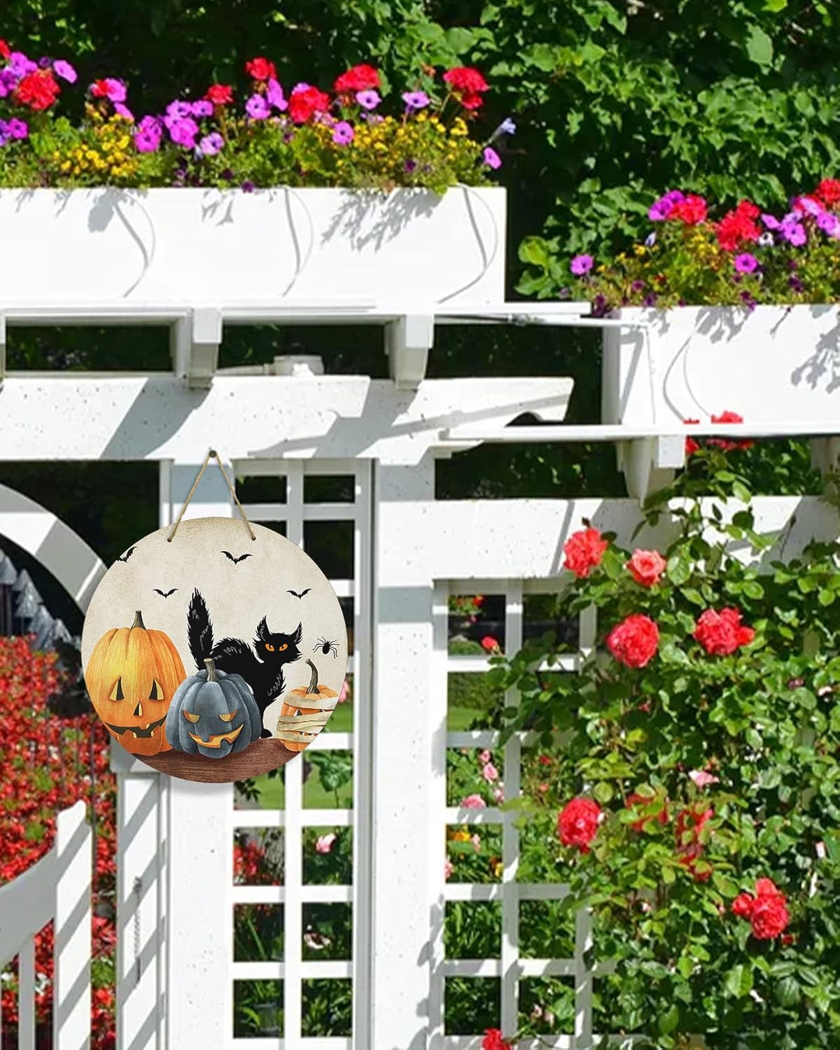 Letrero de bienvenida para decoración de puerta delantera, calabaza de Halloween, gato negro, murciélago, cuervo, coronas de 10 pulgadas, decoración