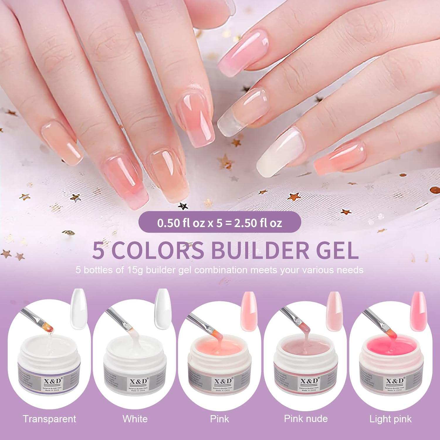X&D Kit de uñas de poligel natural transparente de 5 colores, kit de gel de uñas de poli para extensiones de uñas con formas de uñas, formas dobles,