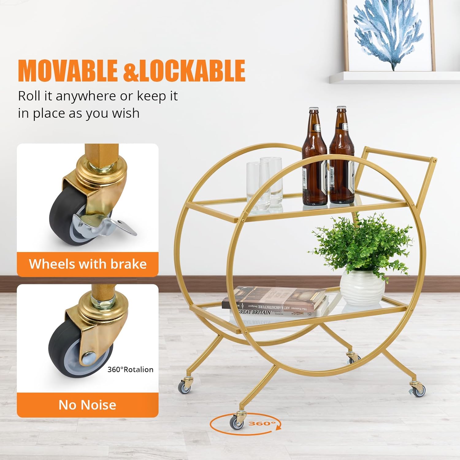 Towallmark Carrito de bar dorado, carrito de servicio de bar en casa de 2 niveles con ruedas bloqueables y estantes de vidrio templado, carrito de