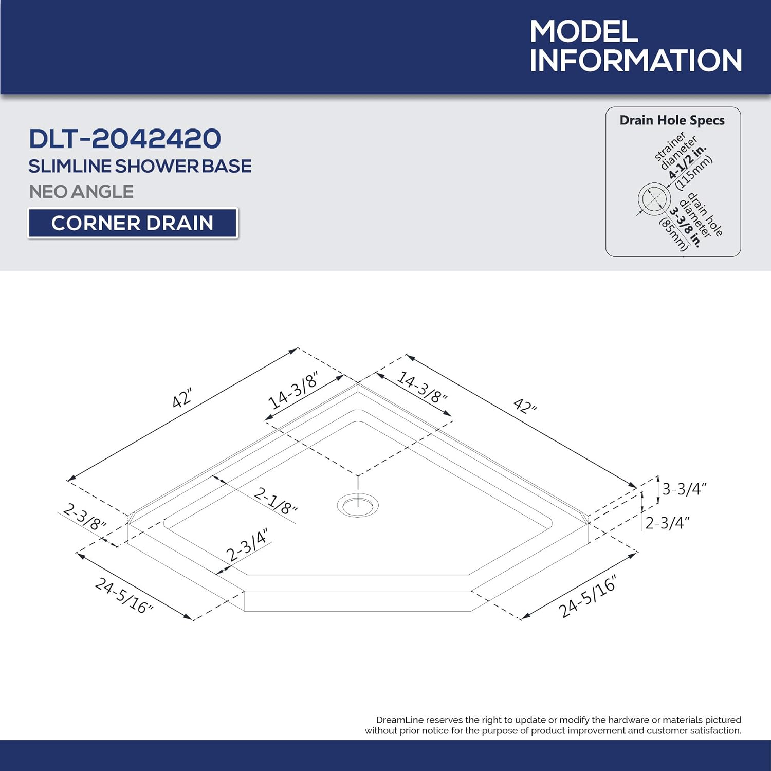 DreamLine SlimLine DLT-2042420 – Base de ducha de drenaje de esquina de 42 pulgadas de profundidad x 42 pulgadas de ancho x 2 34 pulgadas de alto,