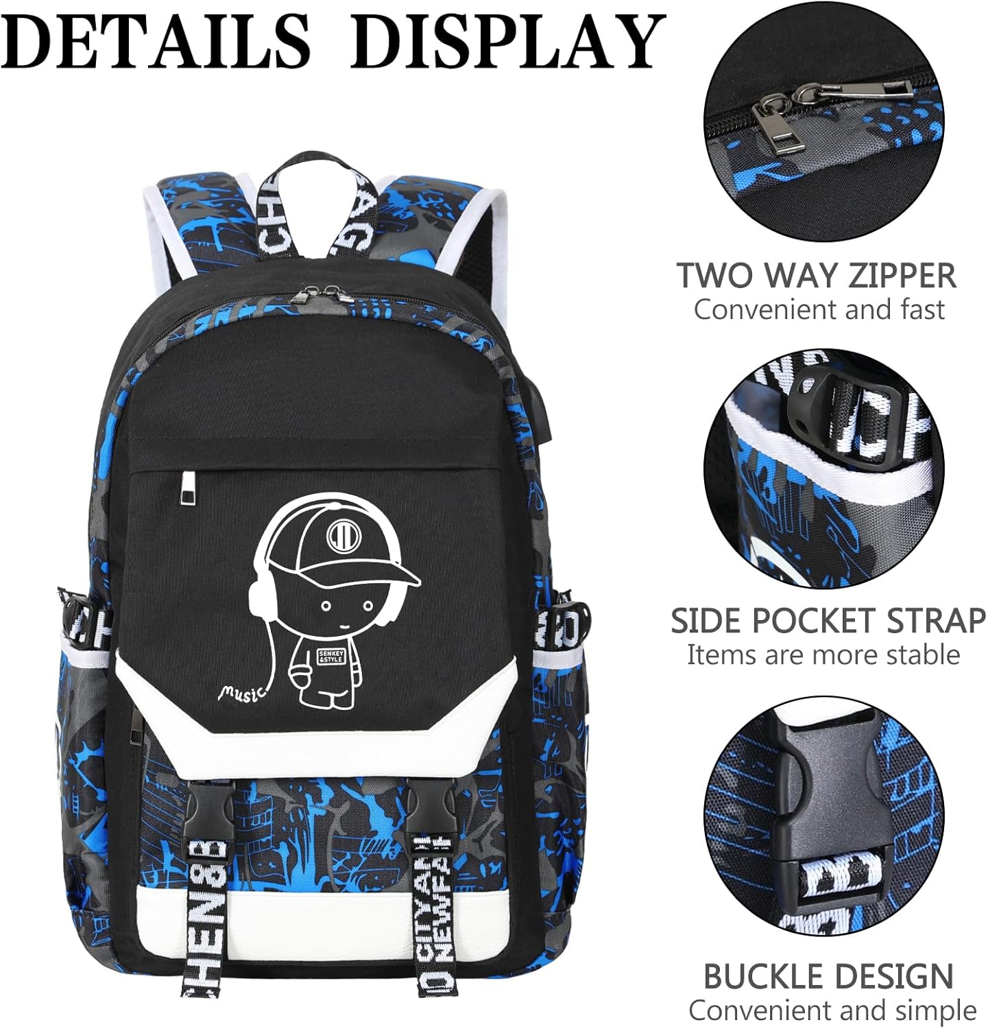 Mochila luminosa para niños, mochila para laptop de 15.6 pulgadas con EE. UU, Azul, Mochila luminosa