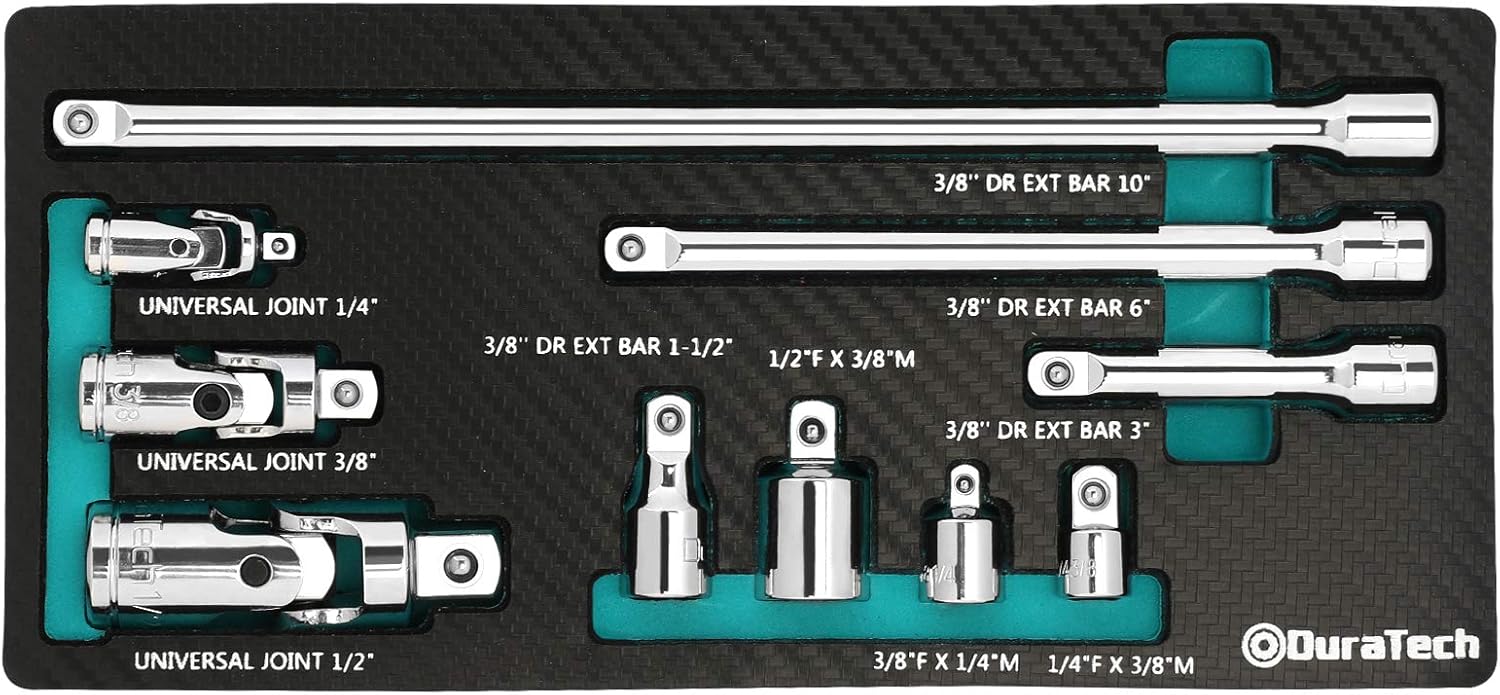 DURATECH Kit de accesorios de enchufe de 10 piezas, incluye juego de barras de extensión de 38 pulgadas, juntas universales y adaptadores de 14
